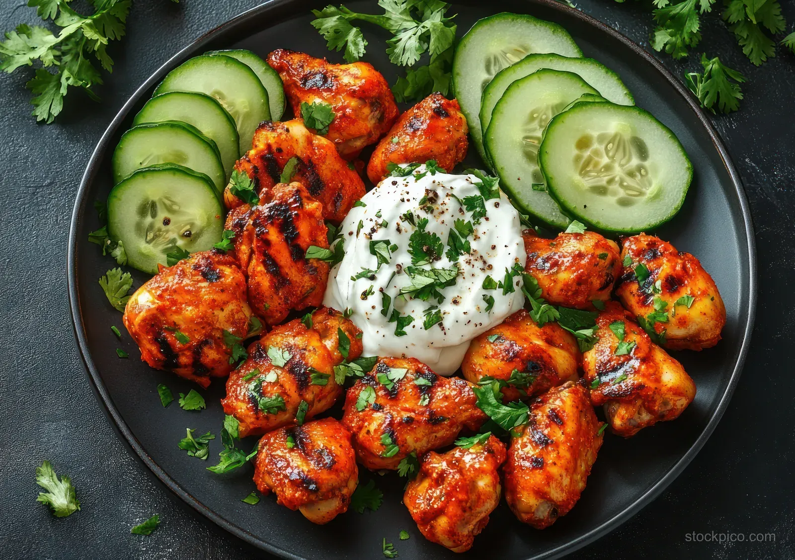 Grilled chicken wings on a black plate with cucumber slices and creamy cilantro sauce.