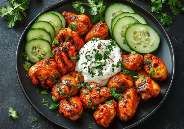 Grilled chicken wings on a black plate with cucumber slices and creamy cilantro sauce.
