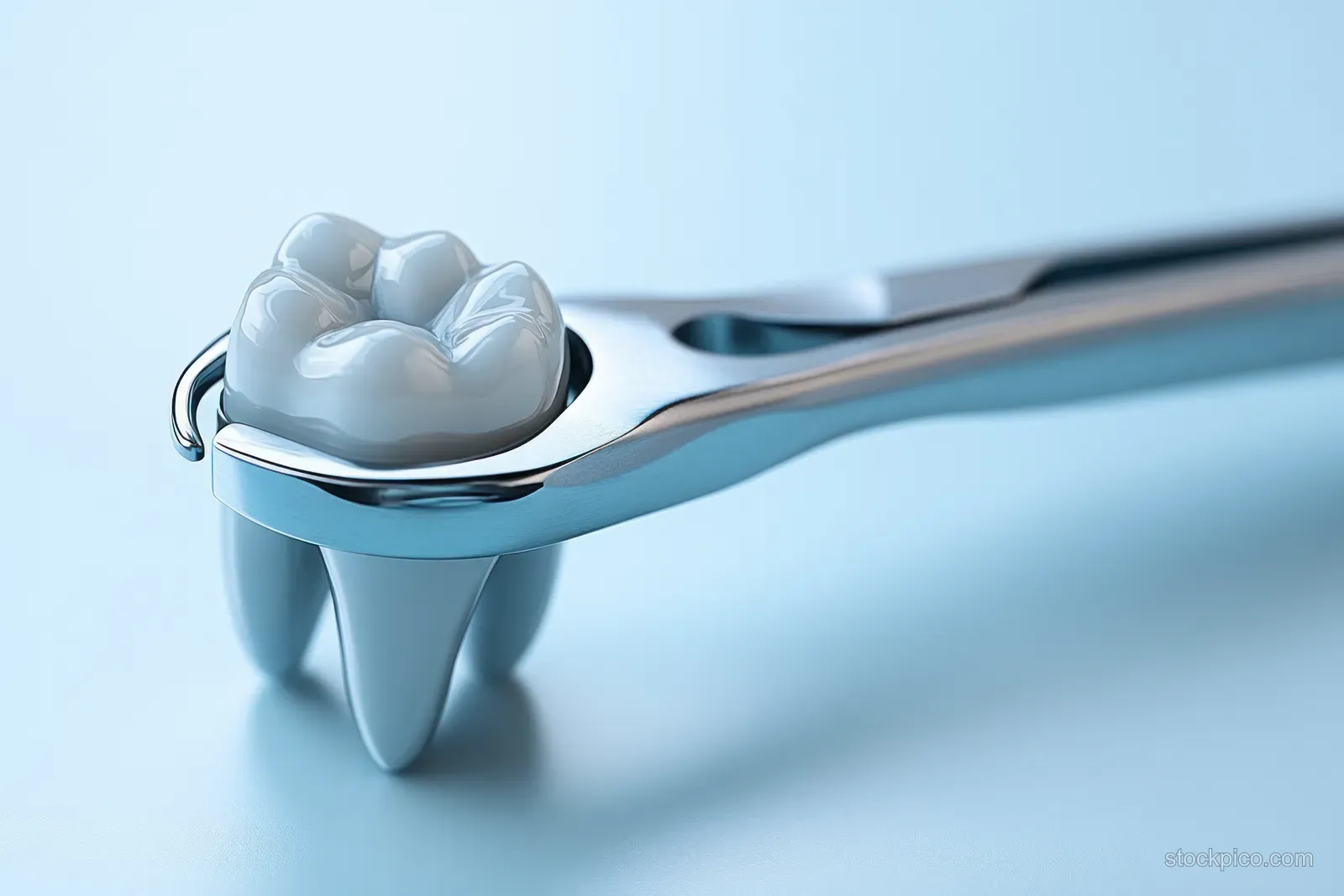 An extracted tooth model is held with metal forceps in a sterile blue clinical macro scene.