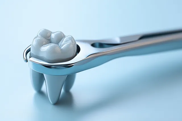 An extracted tooth model is held with metal forceps in a sterile blue clinical macro scene.