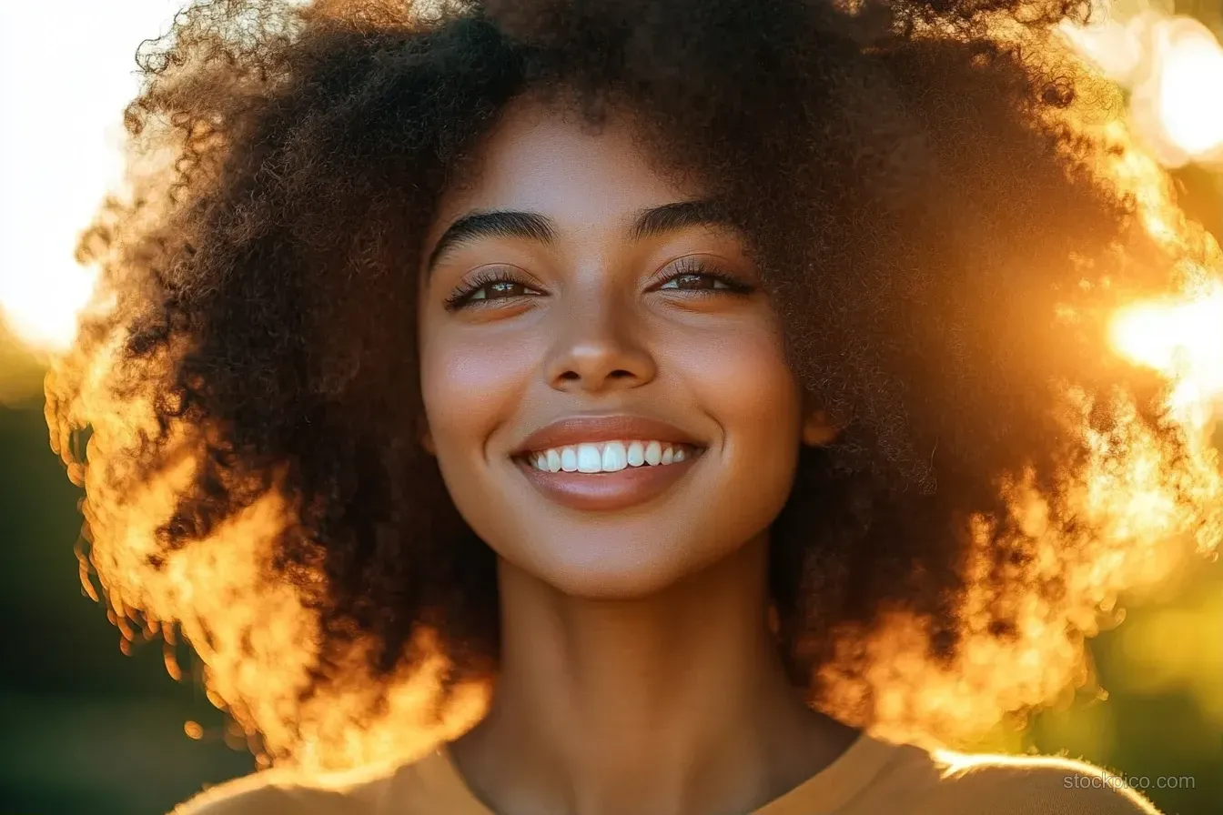 A young woman with a curly afro smiles in golden sunlight outdoors with sun flare behind her hair.