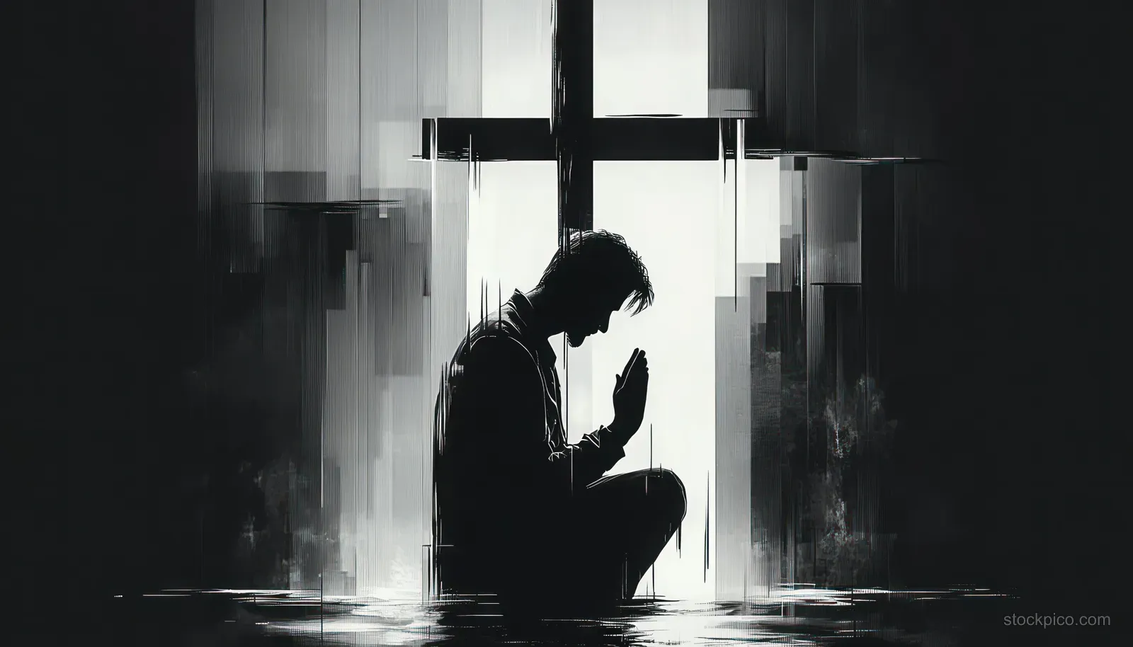 A silhouetted man kneels in prayer before a cross under bright beams of light with floor reflections.