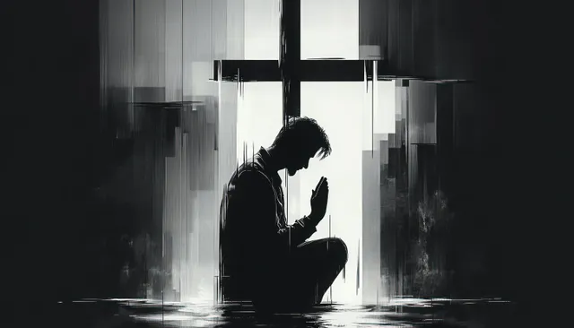 A silhouetted man kneels in prayer before a cross under bright beams of light with floor reflections.