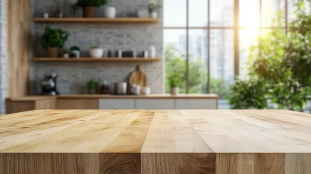 Wooden countertop fills the foreground while a bright Scandinavian kitchen interior with shelves and window light blurs behind.