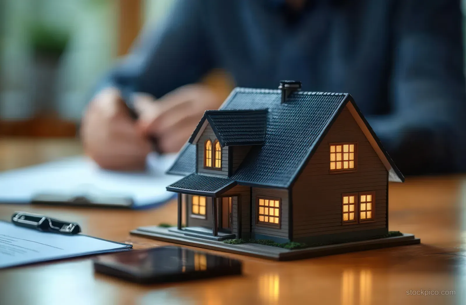 Miniature house model with glowing windows on a desk beside a clipboard while a person writes in the background.