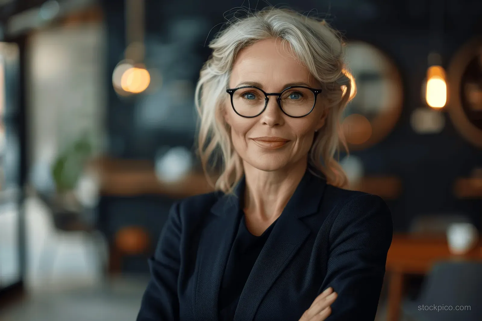 Senior businesswoman in a black suit and glasses smiles with arms crossed in a warmly lit office.