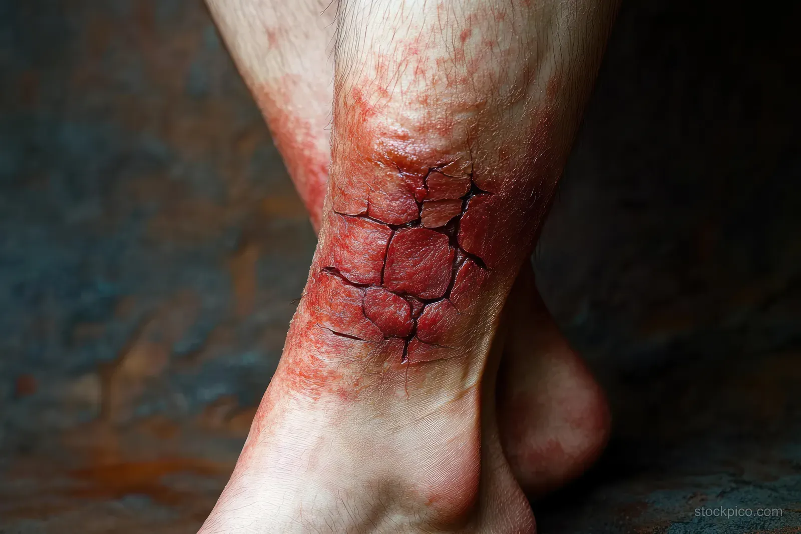 Close-up of a lower leg ankle area with severe red cracked dry skin texture.