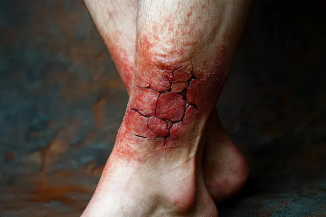 Close-up of a lower leg ankle area with severe red cracked dry skin texture.