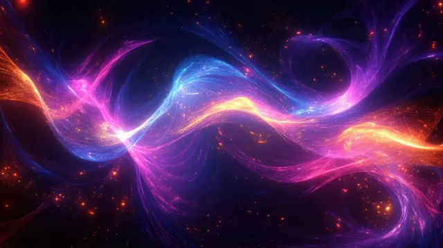 Neon swirling cosmic light waves in pink, purple, blue, and orange glow across a dark space background with sparkling particles.