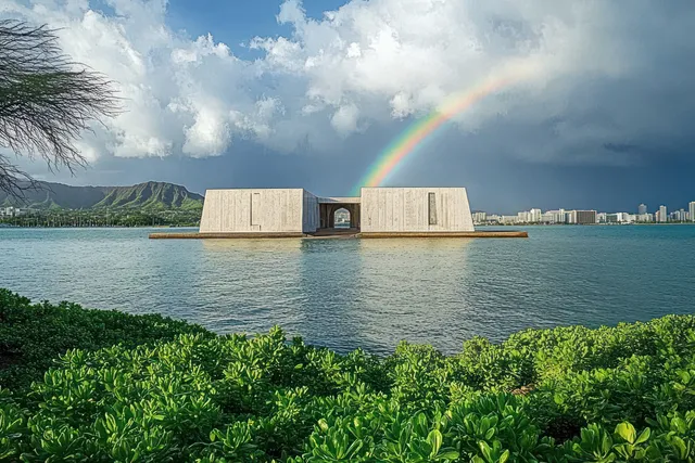 A modern memorial pavilion stands on a calm lake with lush green plants in the foreground and a rainbow under cloudy skies.