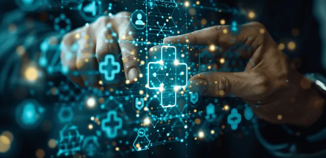 A businessman’s hand touches a glowing plus sign over a digital network of medical icons and finance interface elements.