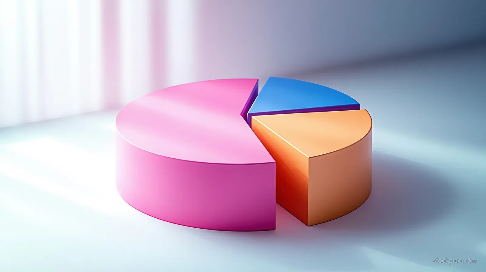 Minimal 3D pie chart icon with pink, blue, and orange wedge segments arranged in a circular diagram.