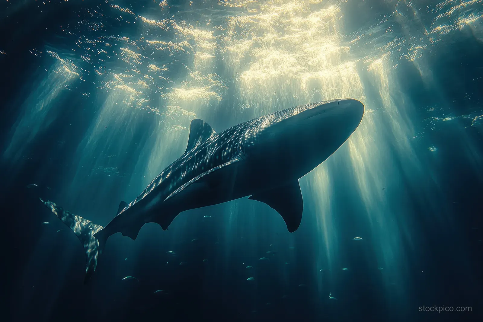 A whale shark glides underwater while small fish schools move beneath rays of sunlight.