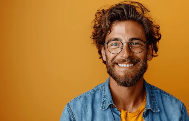 Smiling man in glasses pointing right on yellow background
