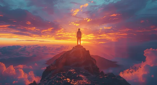 Businessman standing atop mountain peak holding trophy, sunset silhouette celebrating victory