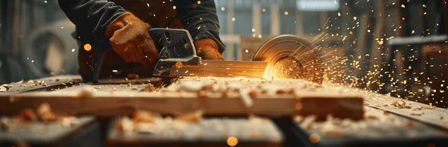 A worker cuts timber with a circular saw on a workbench while sparks and sawdust fly.