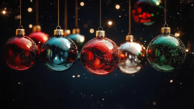 Glowing Christmas baubles hanging against dark bokeh, sparkling reflections and warm light