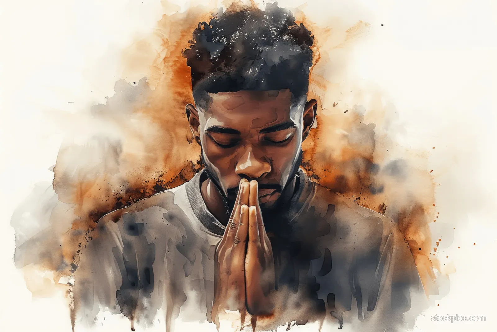 Young man praying with clasped hands, surrounded by watercolor splashes on a white background.