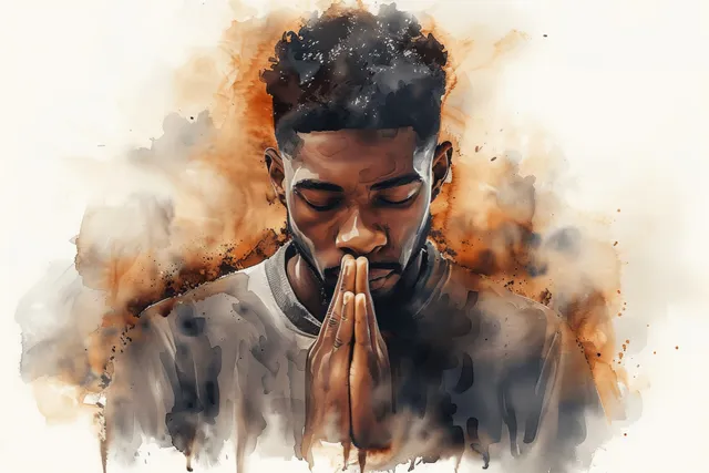 Young man praying with clasped hands, surrounded by watercolor splashes on a white background.