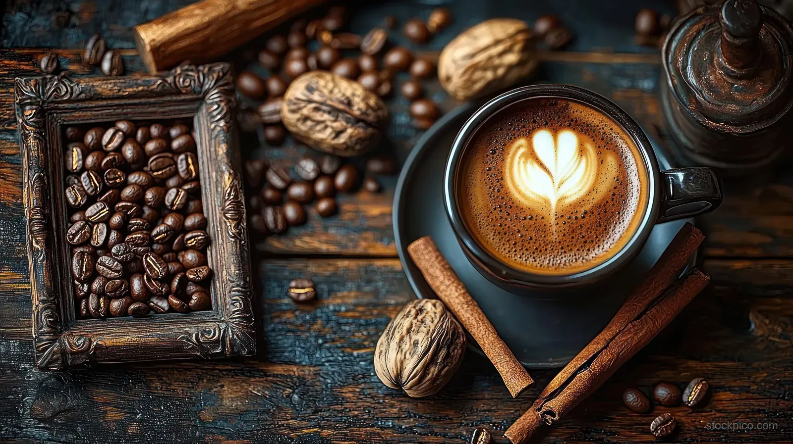 Cappuccino cup with latte art on a rustic wooden table beside coffee beans, cinnamon sticks, walnuts, and a vintage frame.