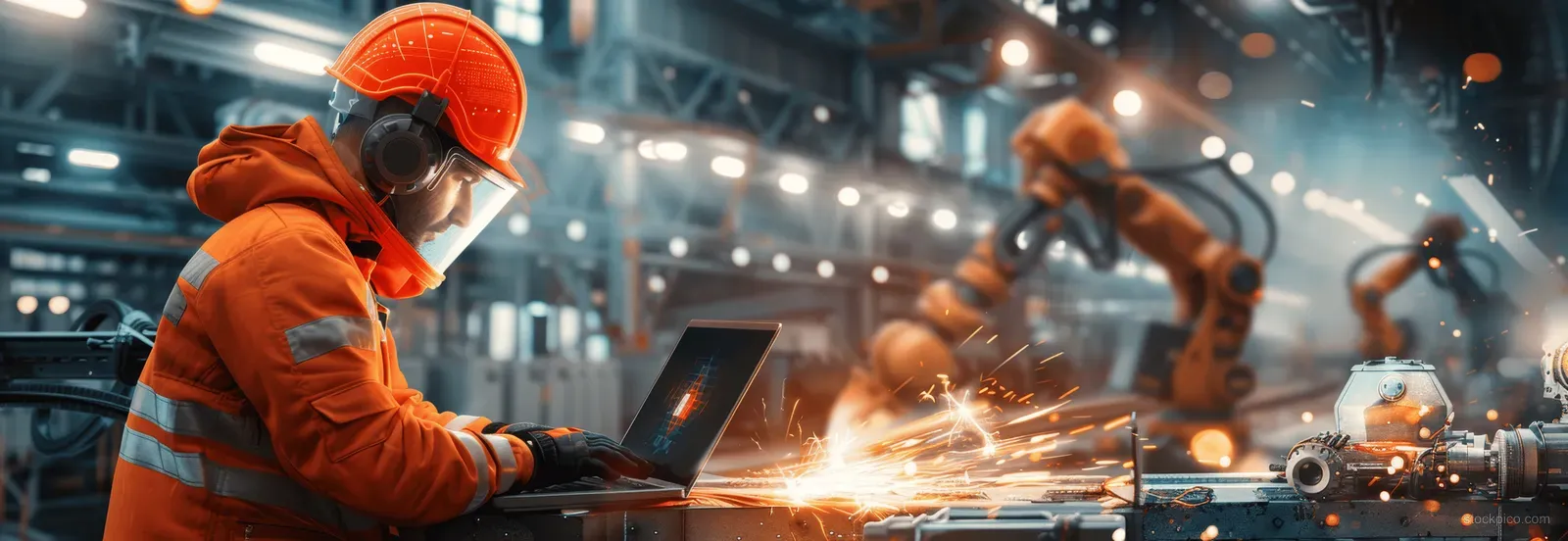 An engineer in orange safety gear uses a laptop as robot arms weld nearby with bright sparks in a smart factory.