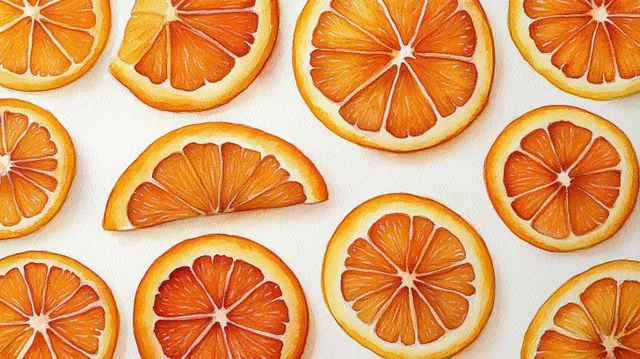 Juicy orange wedges and half slices arranged on a white background showing bright citrus segments.