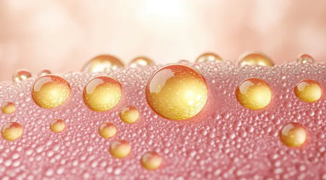Vitamin C serum droplets on pink skin texture with glowing bubbles