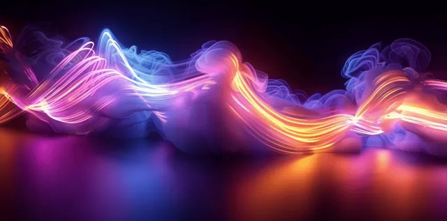 Neon cloud ribbons swirl across a dark sky, glowing with violet and orange light