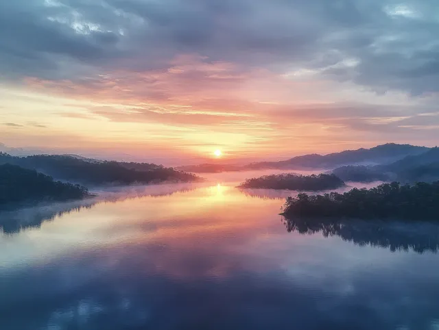 Drone aerial view of a misty lake at sunset with pastel clouds and mirrored reflections on calm water.