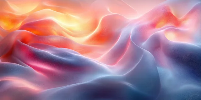 Flowing iridescent ribbon waves glow softly across a minimal gradient background.