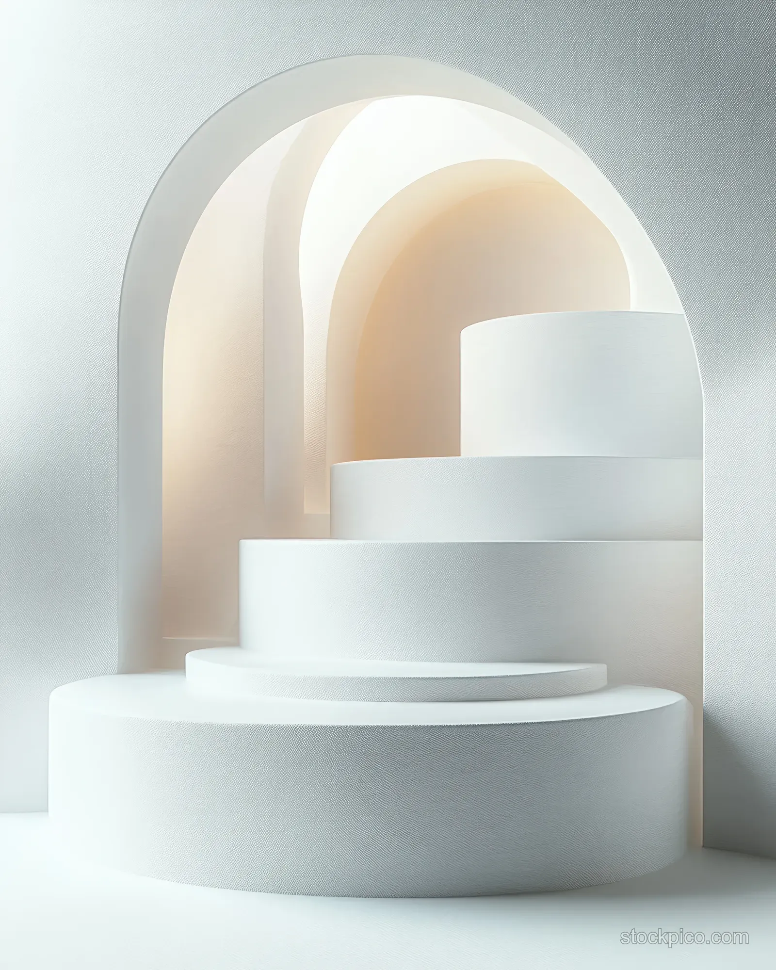 Minimalist white curved interior stairs framed by arches with soft natural light casting gentle shadows.