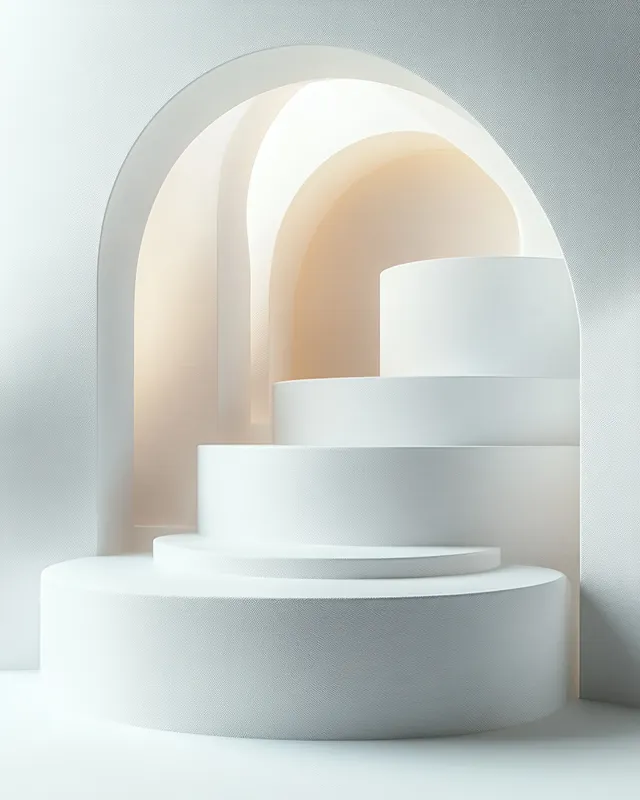 Minimalist white curved interior stairs framed by arches with soft natural light casting gentle shadows.