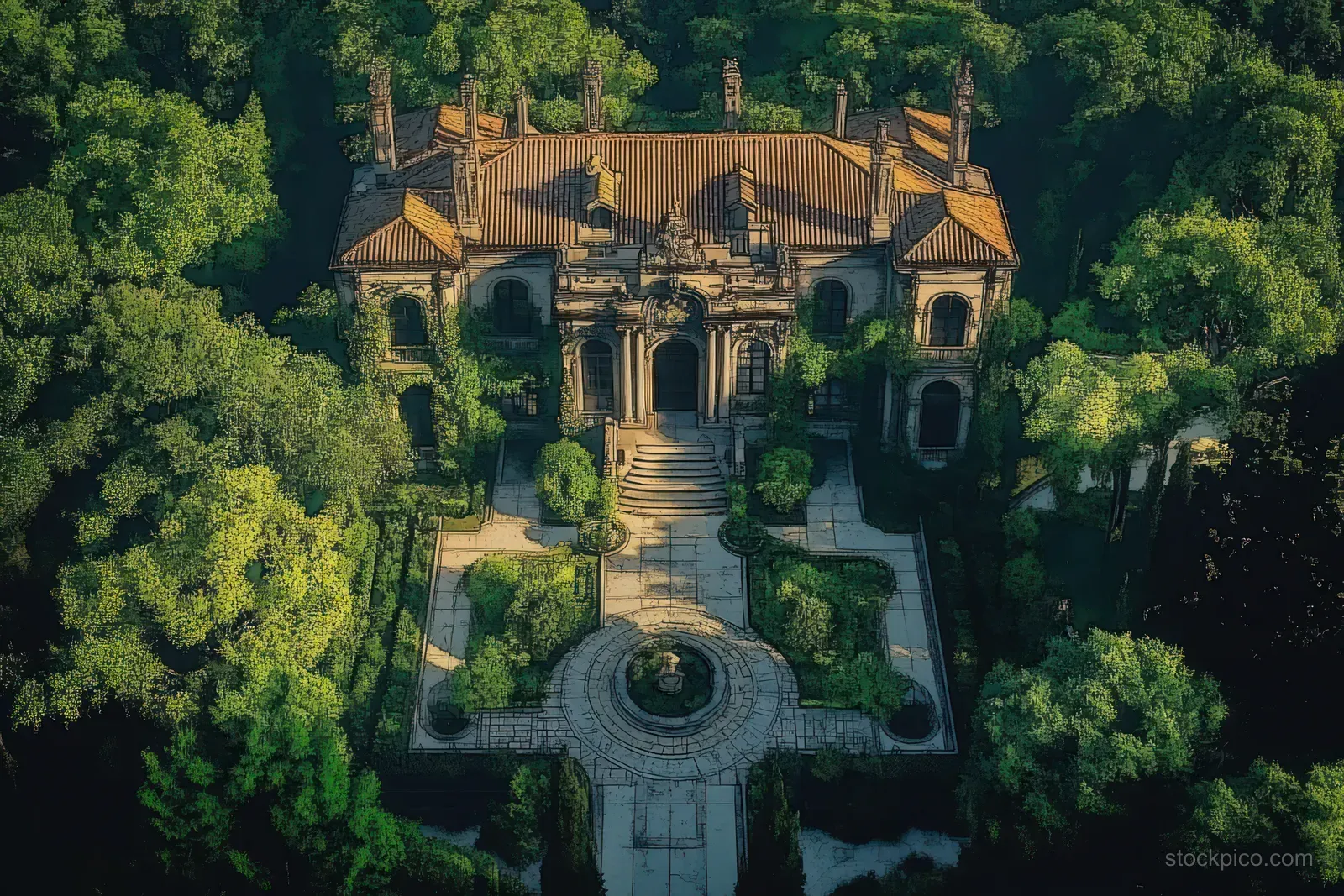 Aerial view of a fantasy guild hall mansion with arched facade, central stairs, and lush trees around it.