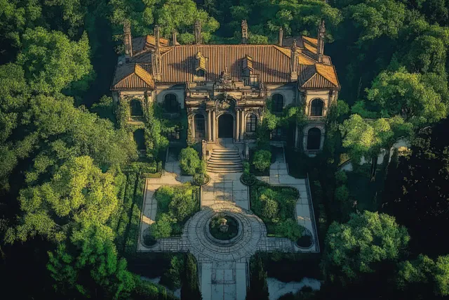 Aerial view of a fantasy guild hall mansion with arched facade, central stairs, and lush trees around it.