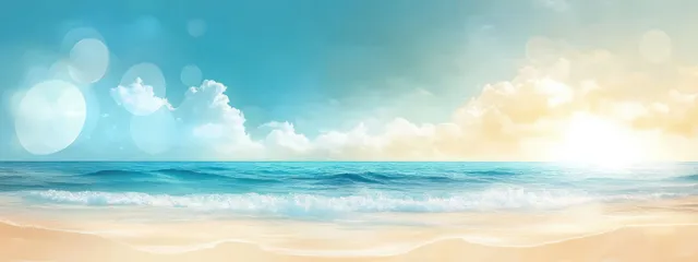 Watercolor beach scene with sunlit ocean waves, sandy shore, and a glowing horizon under a soft blue sky.