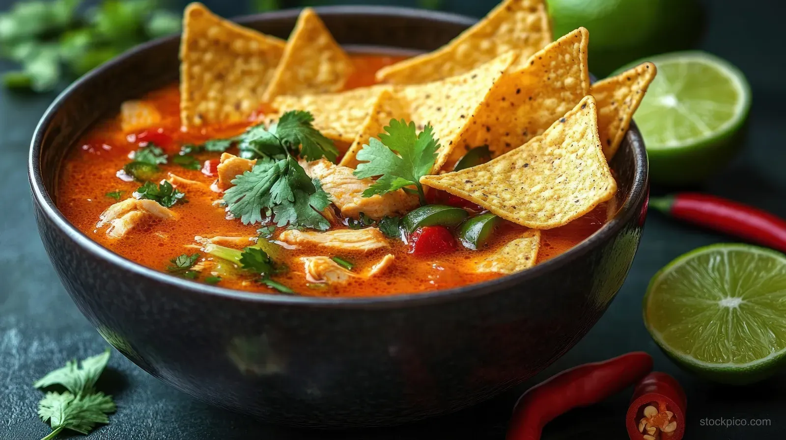 Spicy tomato chicken soup bowl topped with cilantro and jalapenos, with tortilla chips and lime wedges nearby.