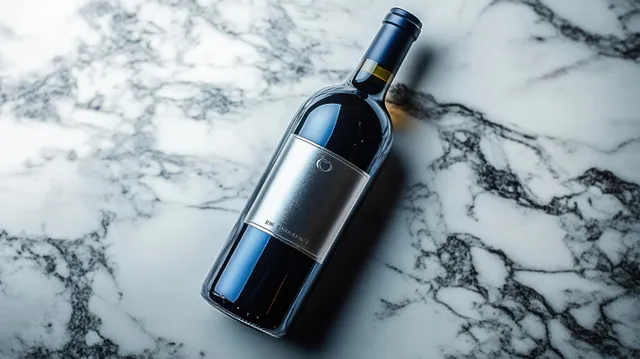 Dark wine bottle with a blank silver label lying on white marble with gray and black veins.