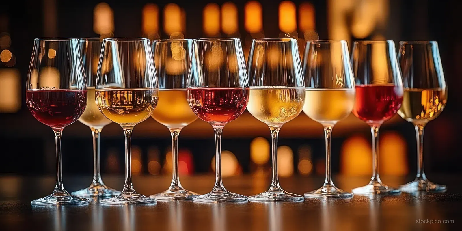 A row of red, white, and rosé wine glasses on a bar with warm blurred lights behind them.