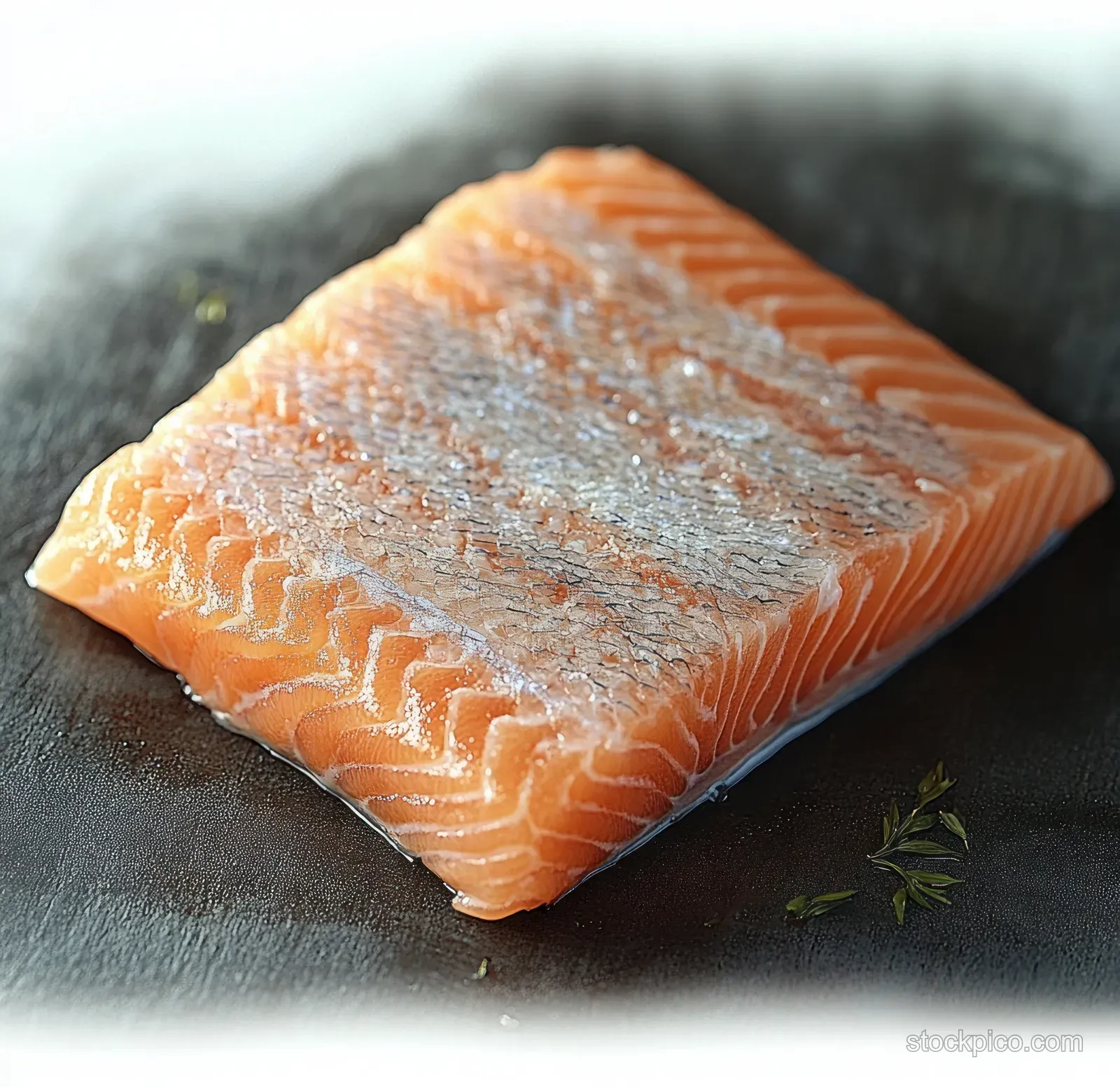 Raw salmon fillet with skin rests on a dark stone surface beside a small herb sprig.