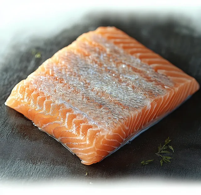 Raw salmon fillet with skin rests on a dark stone surface beside a small herb sprig.