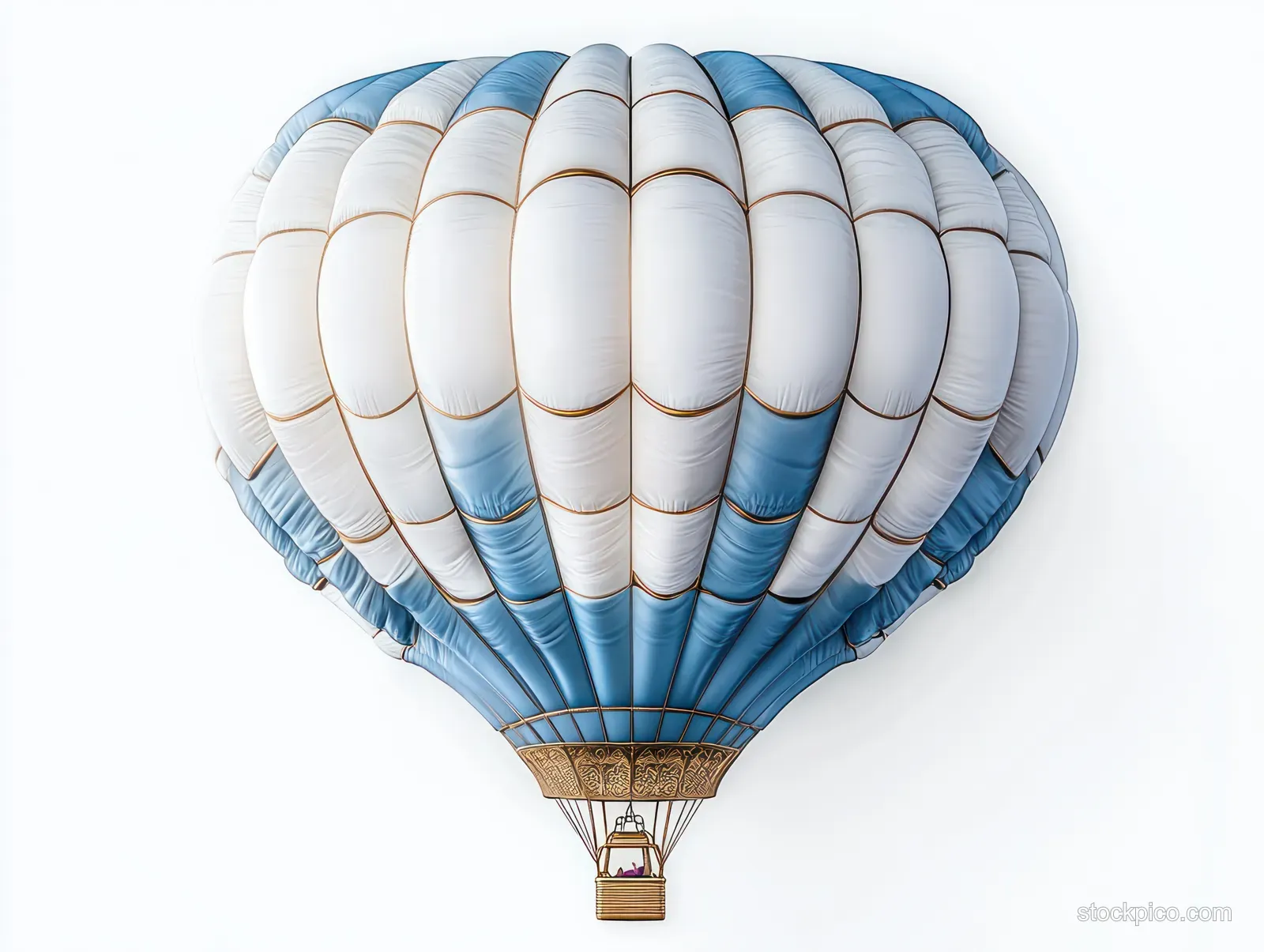 A blue and white hot air balloon floats against a clear white sky with passengers in the basket.