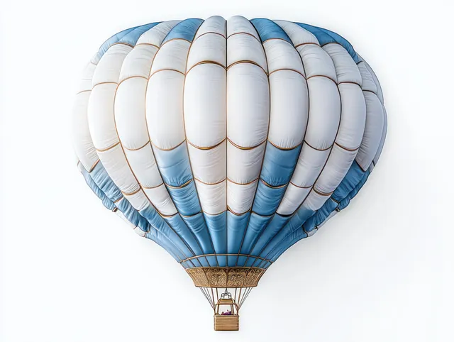 A blue and white hot air balloon floats against a clear white sky with passengers in the basket.