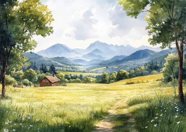 Pastoral countryside path with green fields, distant mountains, and a small wooden cabin