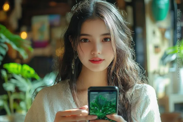 A young woman smiles while holding a smartphone displaying a green plant image in a cafe filled with greenery.