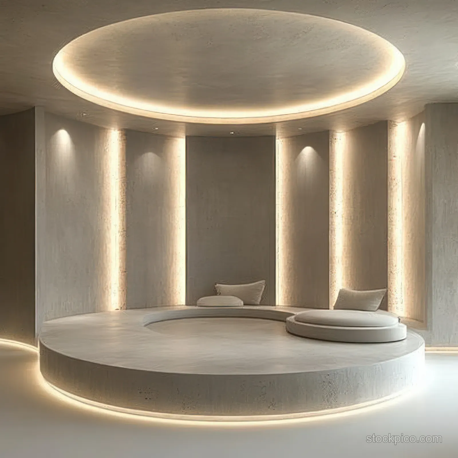 Round cushioned lounge on a circular platform inside a curved room with warm vertical lights.