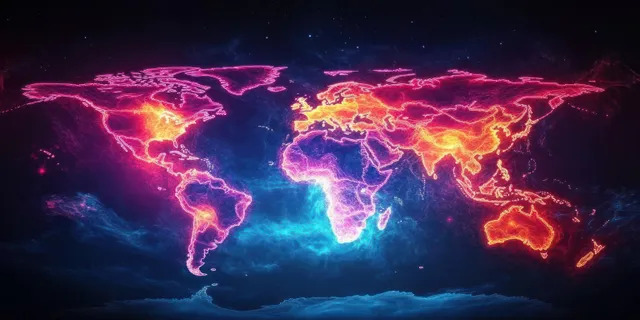 Neon world map highlights continents with glowing network lines over a dark space background.