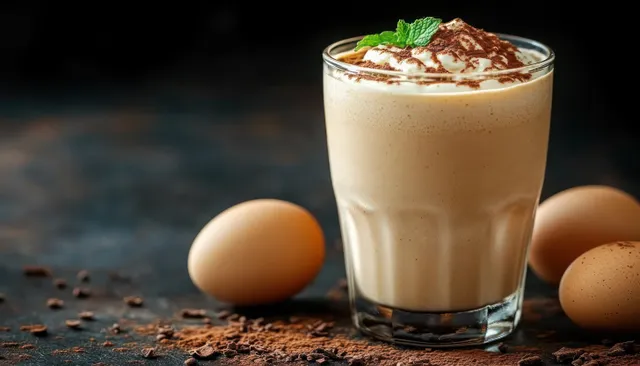 A clear glass of creamy chocolate drink with whipped cream, cocoa dust, and mint sits by three brown eggs.