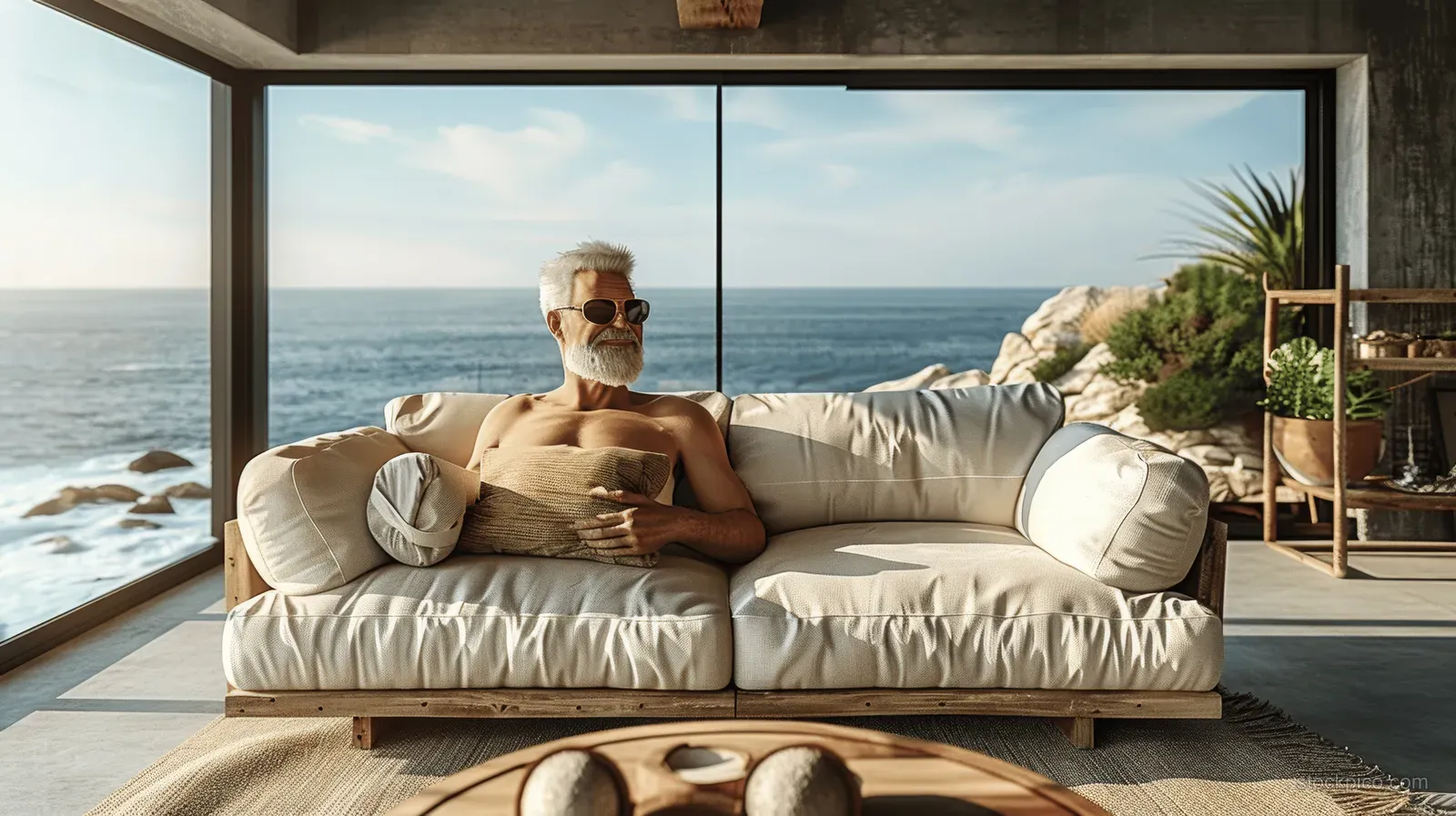 A person reclines on a beige sofa in a bright living room beside a window overlooking the sea.