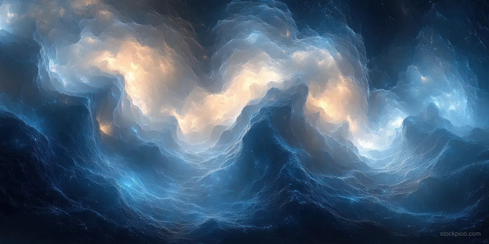 Abstract blue wave-like network forms glow against a dark background.