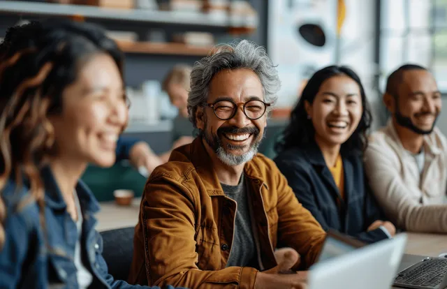 Multicultural professionals laughing during a team meeting, collaborating in a bright modern office
